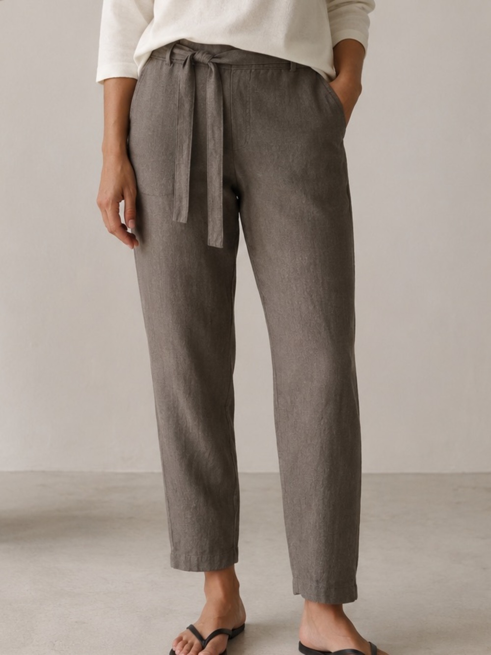Eileen Fisher Organic Linen Tapered Pants Tie Waist Taupe Gray Size M